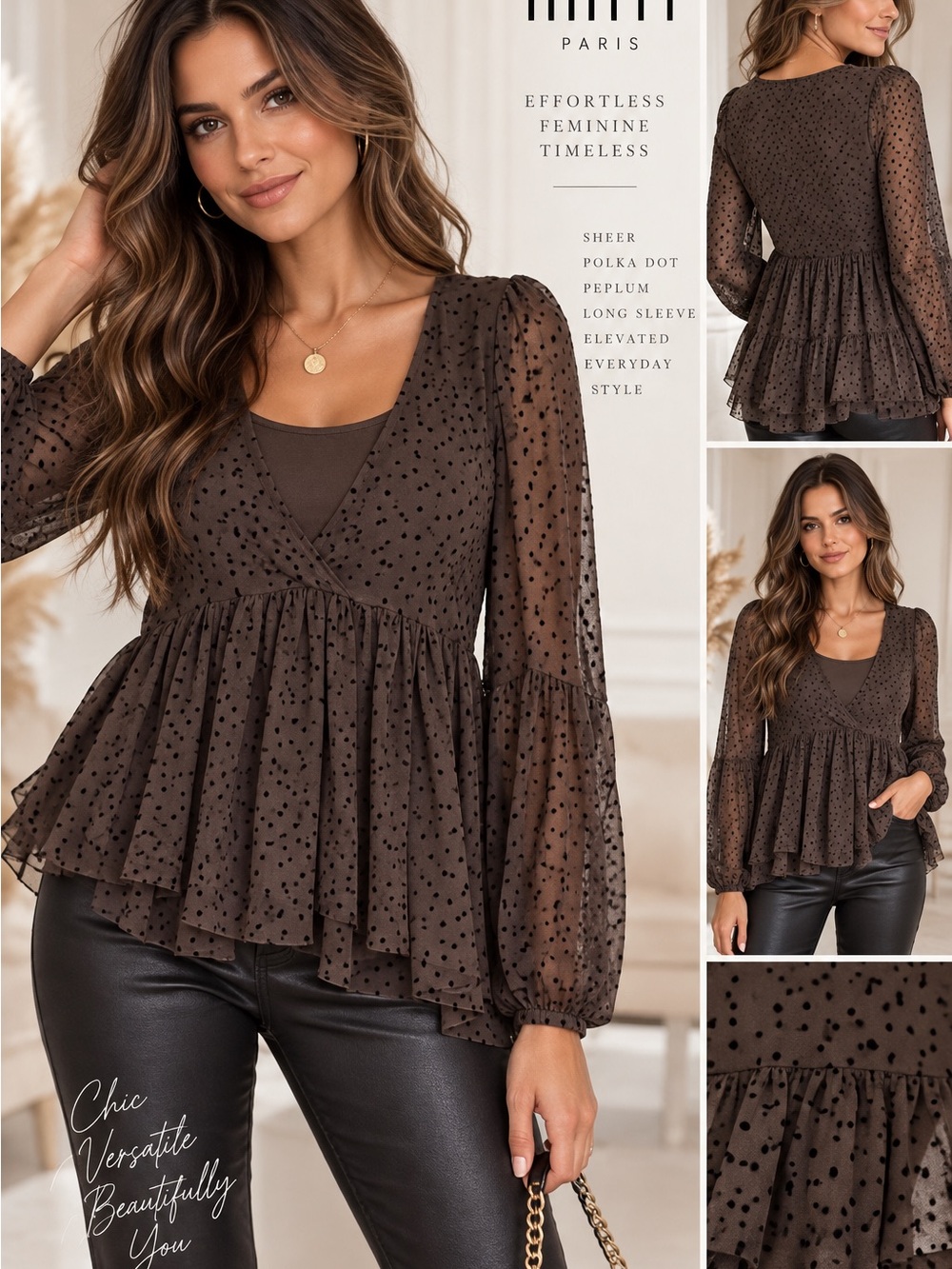 Lilith Brown Sheer Polka Dot Peplum Top M 40 Long Sleeve Made Poland